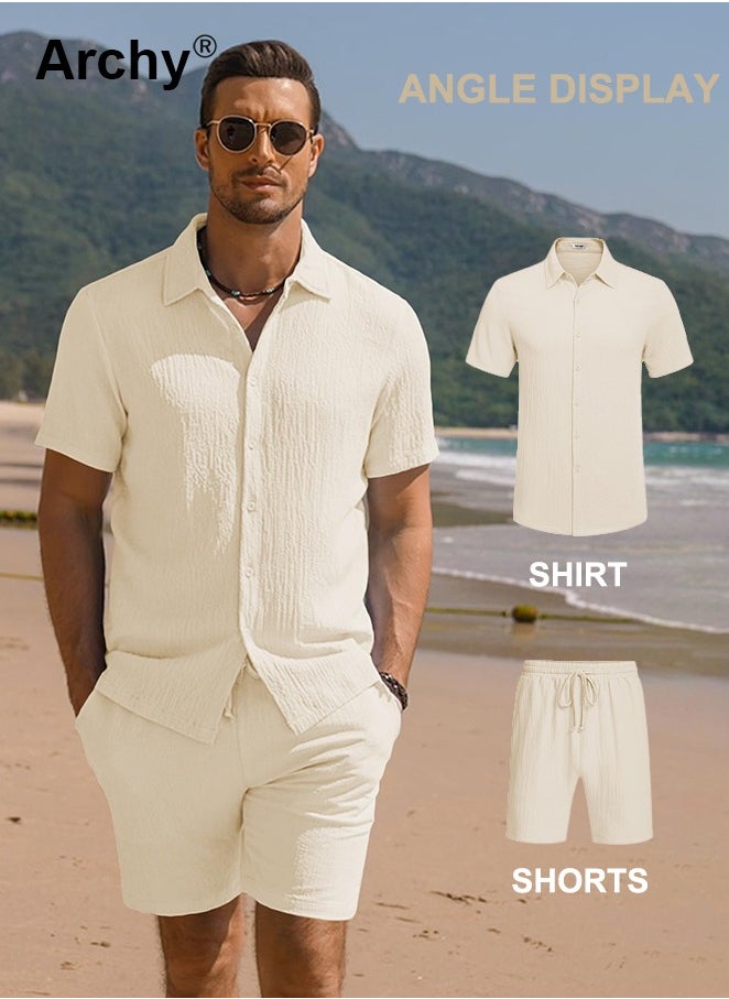 Archy 2 Pcs/Set Men's Pocket Front Short Sleeve Shirt and Shorts Basic Cotton Linen Urban Plain Plus Size Solid Color Casual Summer Outfit with Drawstring Holiday Vacation Wear 2 Pieces Button-Down Sets  - Image 5
