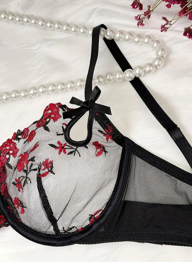 Take Two Black Floral Embroidered Mesh Non Padded Wired Bra and Thong Lingerie Set for Women | Best Price UAE