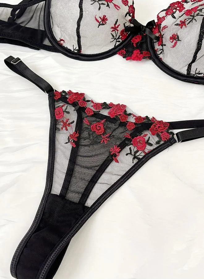 Take Two Black Floral Embroidered Mesh Non Padded Wired Bra and Thong Lingerie Set for Women | Best Price UAE