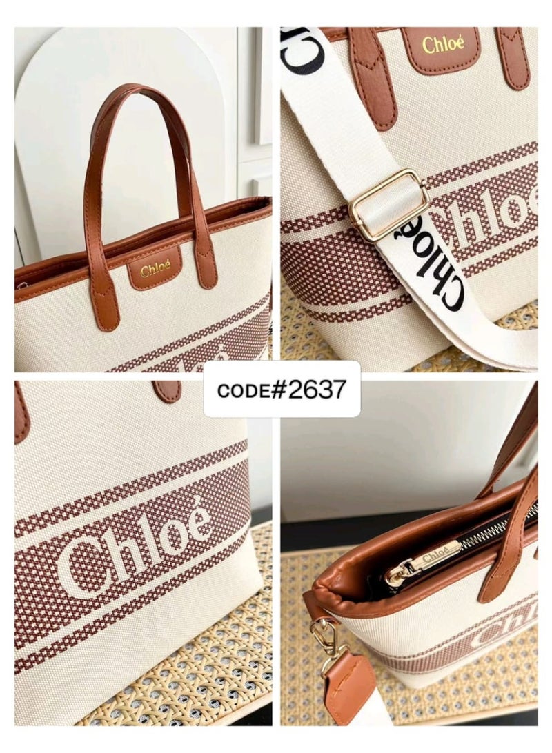 Chloe Woody Medium Women Tote Bag in Linen, Women Shoulder Bag, Women Hand Bag, Women's Travel Bag, Women's Shopping Bag, White - Image 2