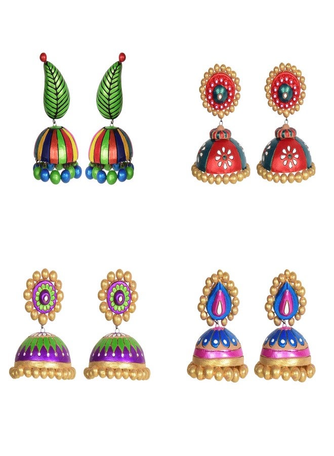 RAI COLLECTION مجموعة راي كوليكشن، طقم أقراط جومكا كبيرة متعددة الألوان من الطين للنساء، مكون من أربع قطع - Image 1