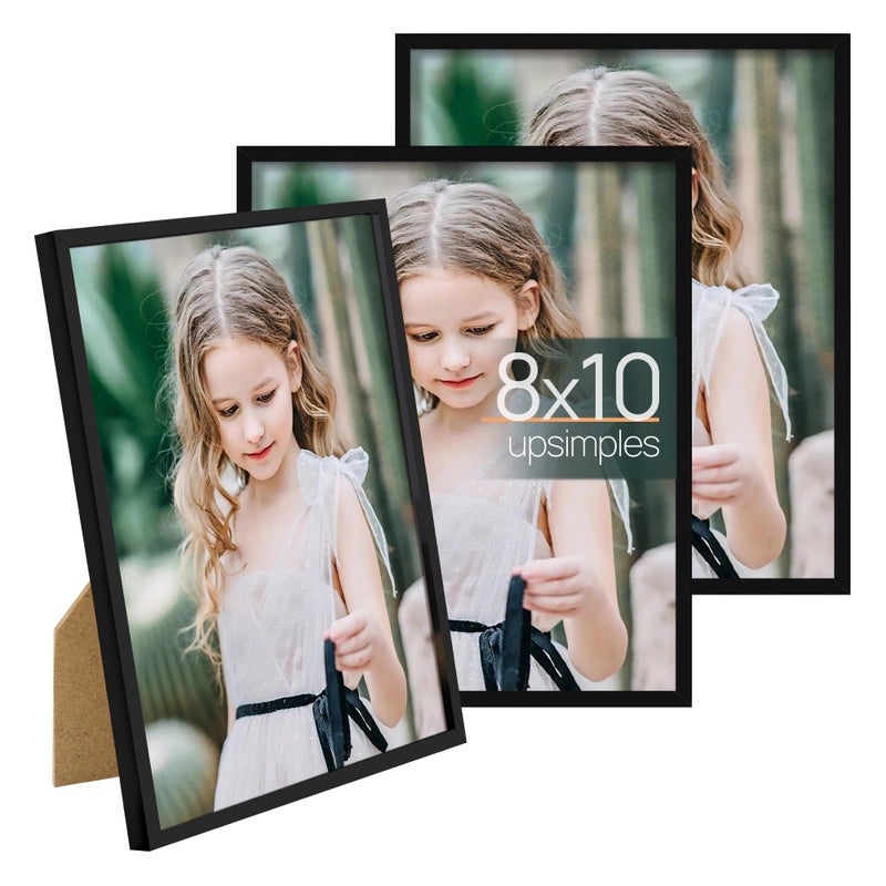 upsimples 8x10 Picture Frame Set of 3 Made of High Definition Glass for 8 x 10 Wall and Tabletop Display Thin Border Photo Frames for Home Dcor Black