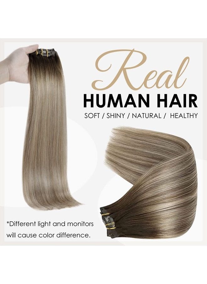 Full Shine Real Hair Clip in Human Hair Extensions Pu Weft Clip in Extensions Natural Brazilian Hair Silky Straight Dark Brown Ombre Ash Brown And Dirty Blonde 8Pcs 120Grams 14 Inch  - Image 2
