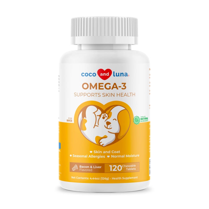 Coco and Luna Omega 3 Fish Oil for Dogs - 120 Chewable Tablets - with Omega 3, 6, and 9, Vitamin E for Dog Shedding, Itchy, Dry Skin, Joint & Heart Support - Image 1