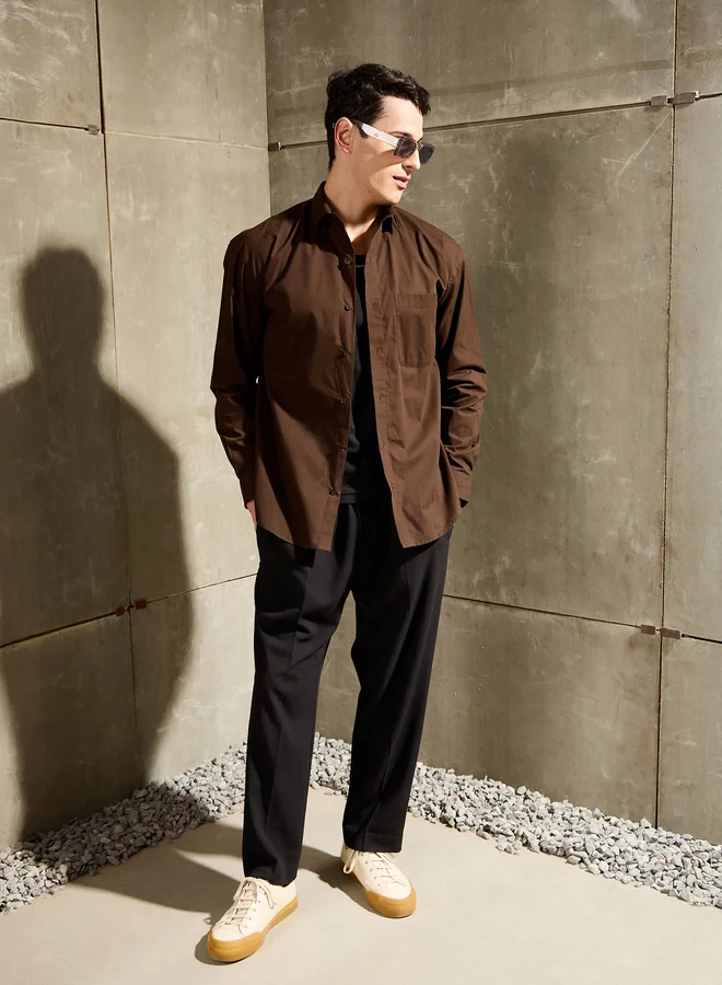 SASSAFRAS Sassafras Men Brown Solid Long Sleeve Relaxed Fit Shirt with Pocket