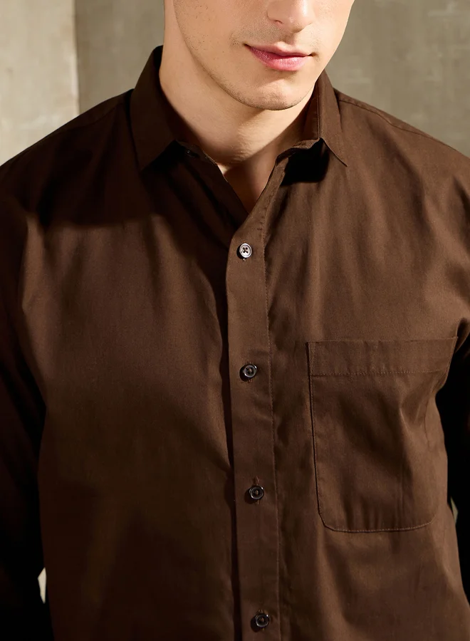 SASSAFRAS Men Brown Solid Long Sleeve Relaxed Fit Shirt with Pocket