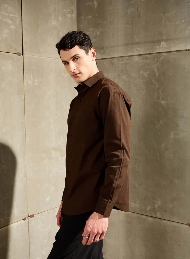 SASSAFRAS Men Brown Solid Long Sleeve Relaxed Fit Shirt with Pocket