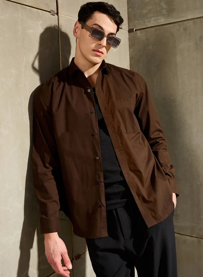 SASSAFRAS Sassafras Men Brown Solid Long Sleeve Relaxed Fit Shirt with Pocket