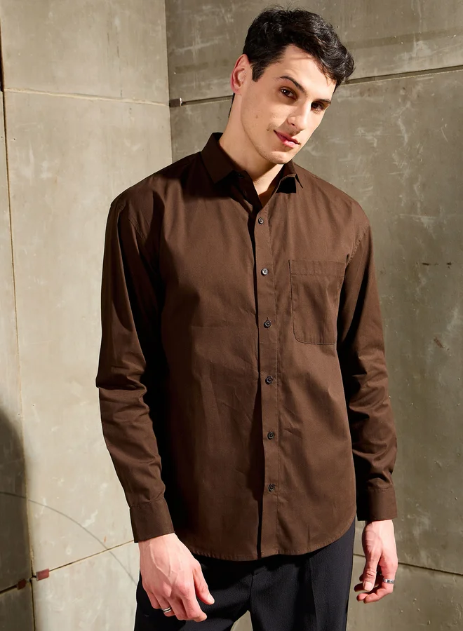 SASSAFRAS Men Brown Solid Long Sleeve Relaxed Fit Shirt with Pocket