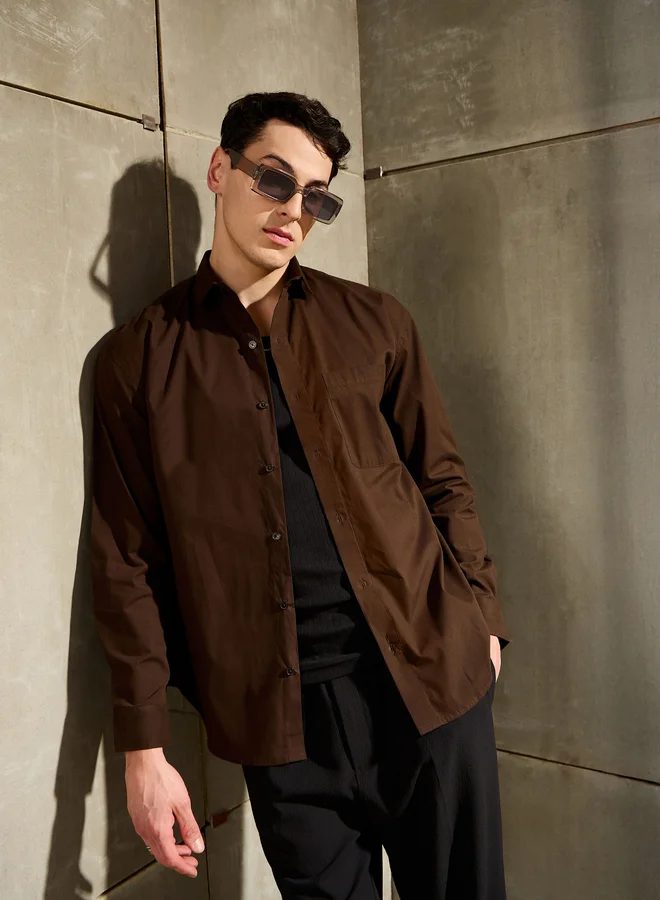 SASSAFRAS Men Brown Solid Long Sleeve Relaxed Fit Shirt with Pocket
