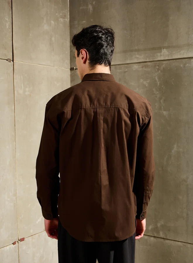 SASSAFRAS Men Brown Solid Long Sleeve Relaxed Fit Shirt with Pocket