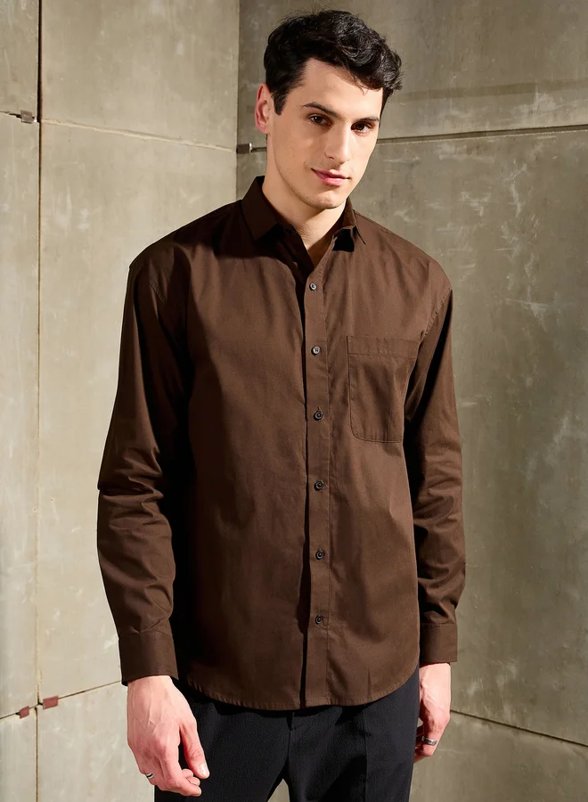 SASSAFRAS Men Brown Solid Long Sleeve Relaxed Fit Shirt with Pocket