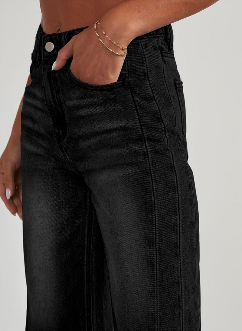 Sidefeel Women's High Waisted Jeans Stretchy Raw Hem Straight Leg Denim Pants Size 16 Black - Image 5
