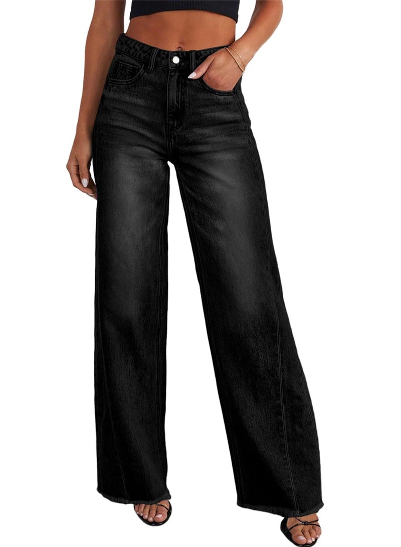 Sidefeel Women's High Waisted Jeans Stretchy Raw Hem Straight Leg Denim Pants Size 16 Black - Image 1