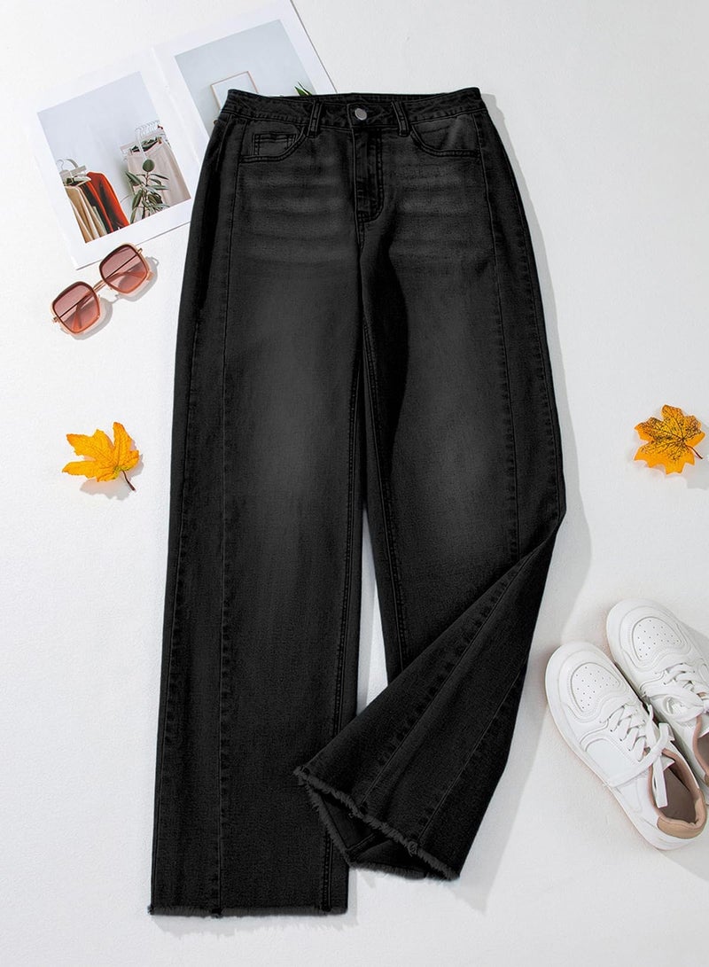 Sidefeel Women's High Waisted Jeans Stretchy Raw Hem Straight Leg Denim Pants Size 16 Black - Image 3