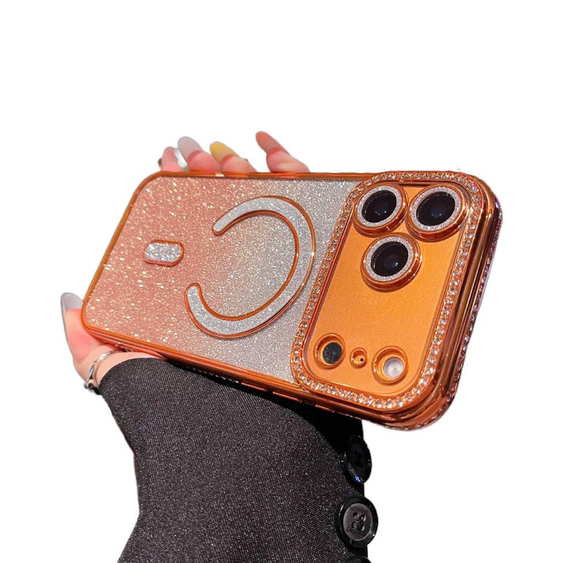 MagSafe iPhone 12 Pro Shockproof Silicone with Gradient Glitter and Lens Protector in Orange for Weekend Trips - Image 1