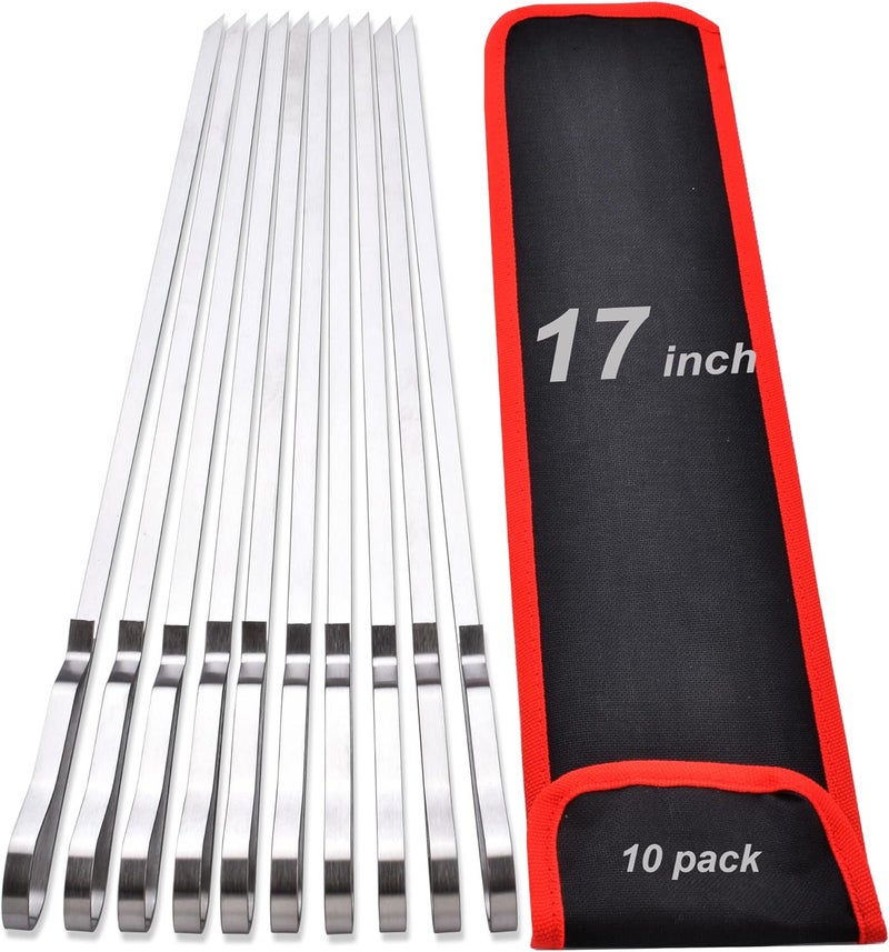 HONSHEN 17 Inch Long Stainless Steel Skewers for Kabobs, Flat Shish Kabob Barbecue Skewers with Storage Bag - Metal BBQ Skewers for Grilling Meat, Chicken, Shrimp, Vegetables - 10 Pack - Image 1