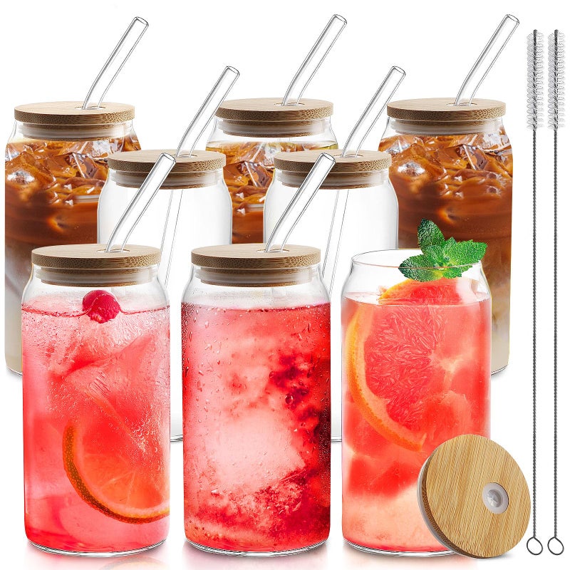 HOMBERKING Glass Cups with Bamboo Lids and Straws 8pcs Set 20oz Cups Beer Glasses Iced Coffee Cups Cute Tumbler with 2 Cleaning Brushes Ideal for Cocktail Whiskey Tea Gift