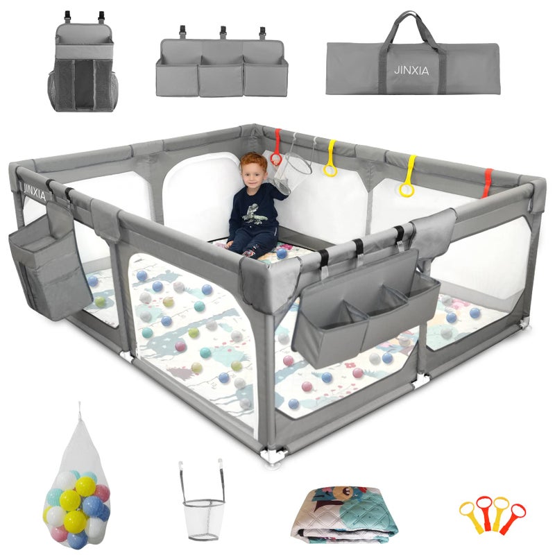 JINXIA Baby Playpen with Mat 7559 Extra Large Playpen for Babies and Toddlers with Storage Bag BPAFree NonToxic Safe No Gaps Playards for Babies Sturdy Safety Play Yard for Indoor Outdoor Fun Grey 
