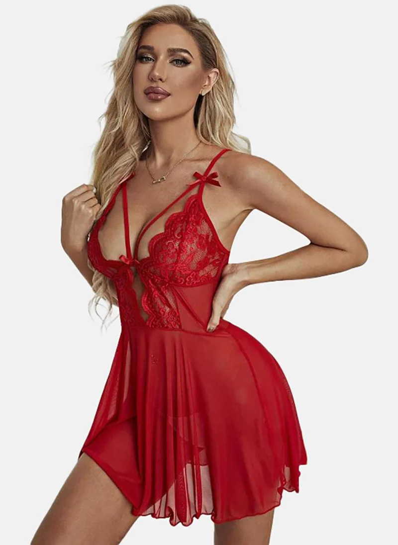YUNIQEE Red Solid Babydoll with briefs