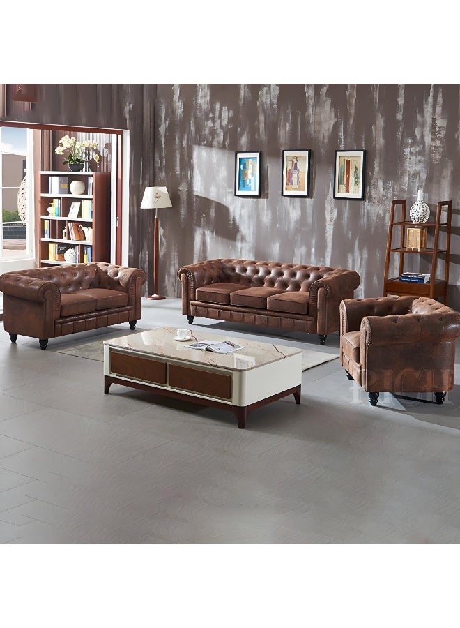 Comfynest Chesterfield Dark Brown Sofa Apartment Tuxedo Arm Loveseat Faux Leather Sofa (Brown, 3+2+1 Seats)  - Image 1