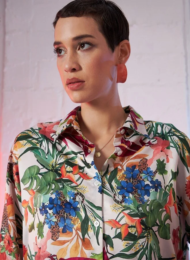 SASSAFRAS Floral Printed Satin Casual Shirt for Women