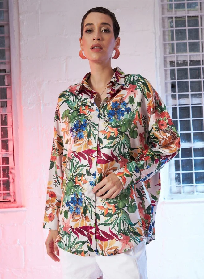 SASSAFRAS Floral Printed Satin Casual Shirt for Women