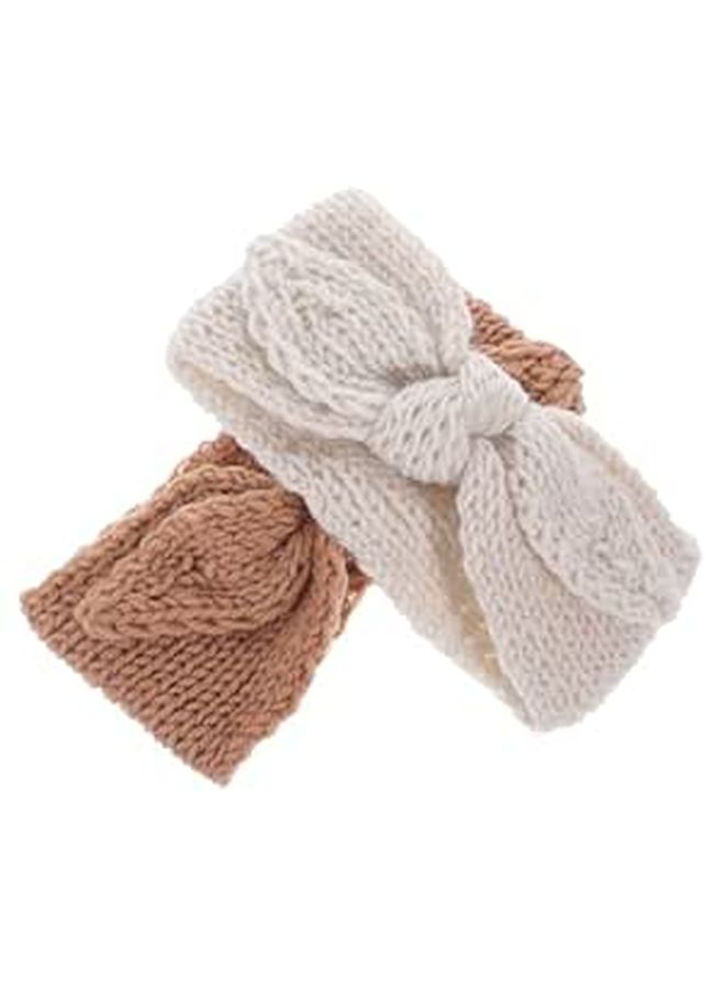 Ivory Coffee Knit Bow Headband Set 2pc for Baby Girl - Image 1