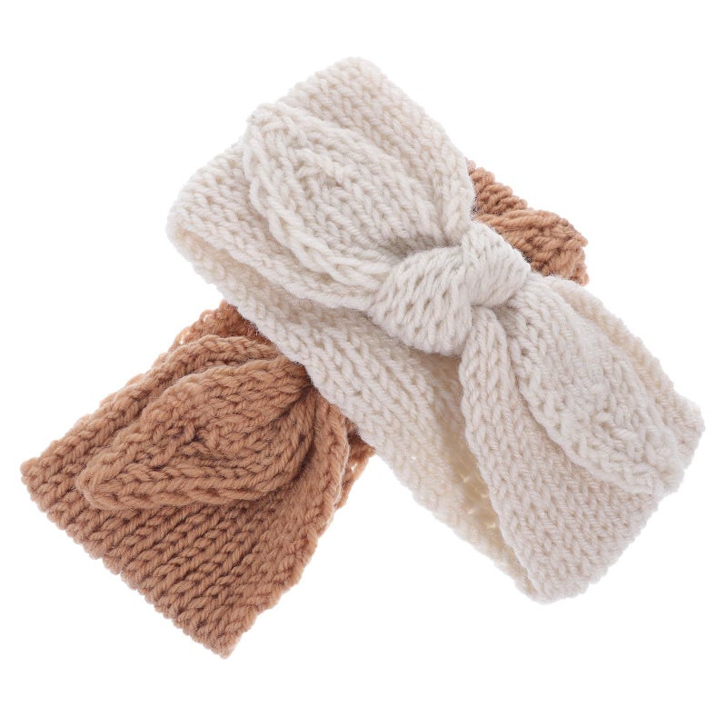 Ivory Coffee Knit Bow Headband Set 2pc for Baby Girl - Image 2