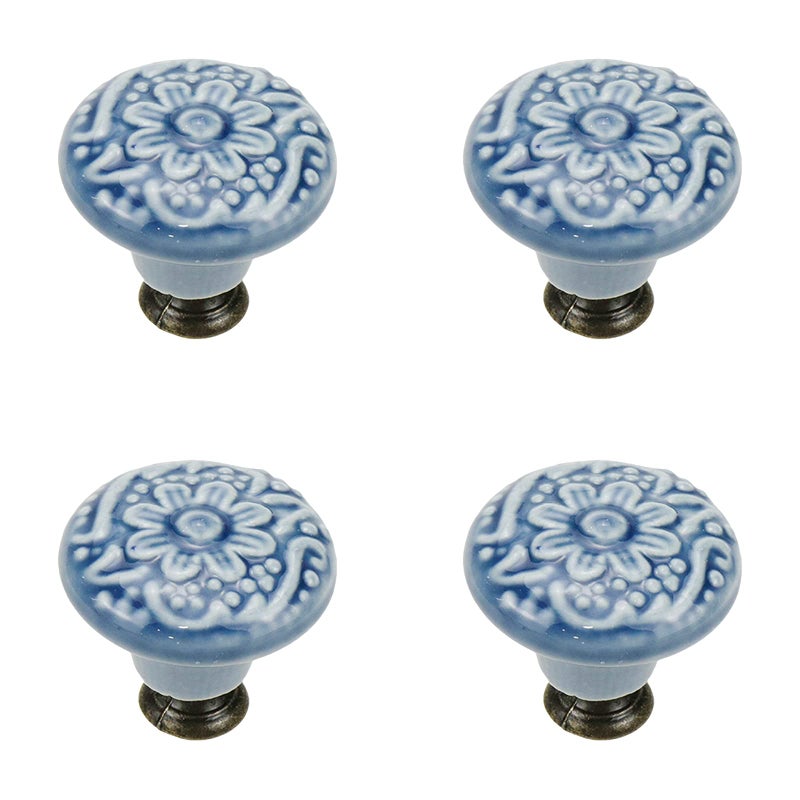 Geesatis 4 Pcs Ceramic Cabinet Kitchen Knobs Handles Vintage Round Single Hole Knobs for Drawer Cupboard Closet with Mounting Screws Blue