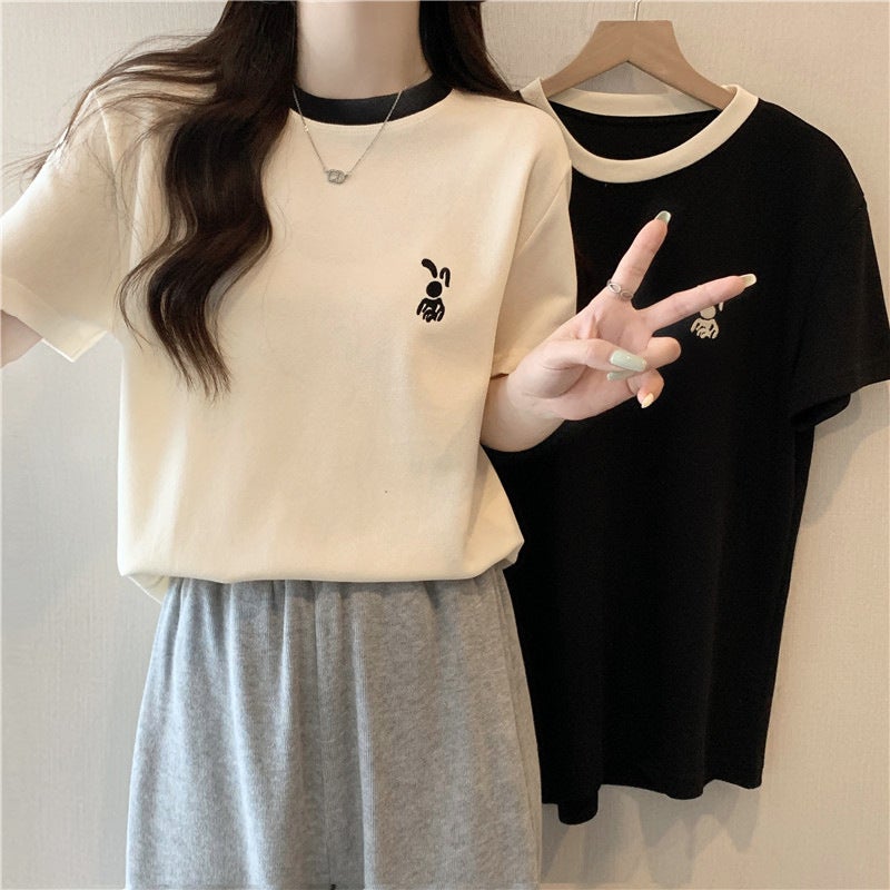 Cross-border Real Shot Short-sleeved T-shirt Womens Summer New Loose All-match Trendy Brand Embroidered Half-sleeved Top Black