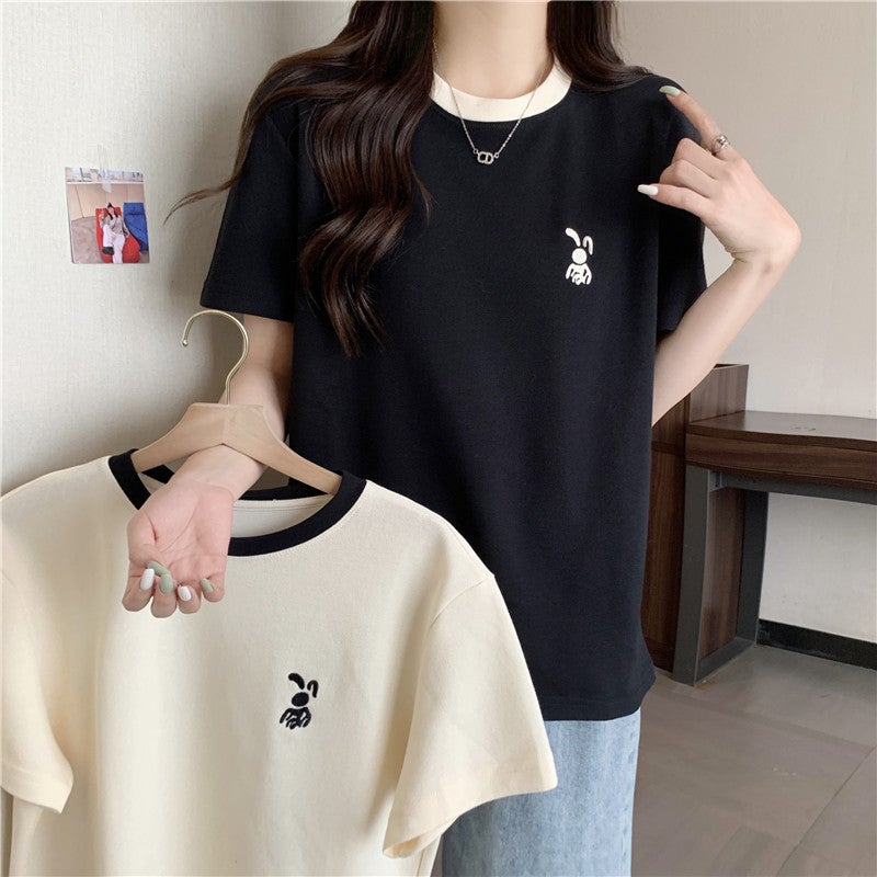 Cross-border Real Shot Short-sleeved T-shirt Womens Summer New Loose All-match Trendy Brand Embroidered Half-sleeved Top Black