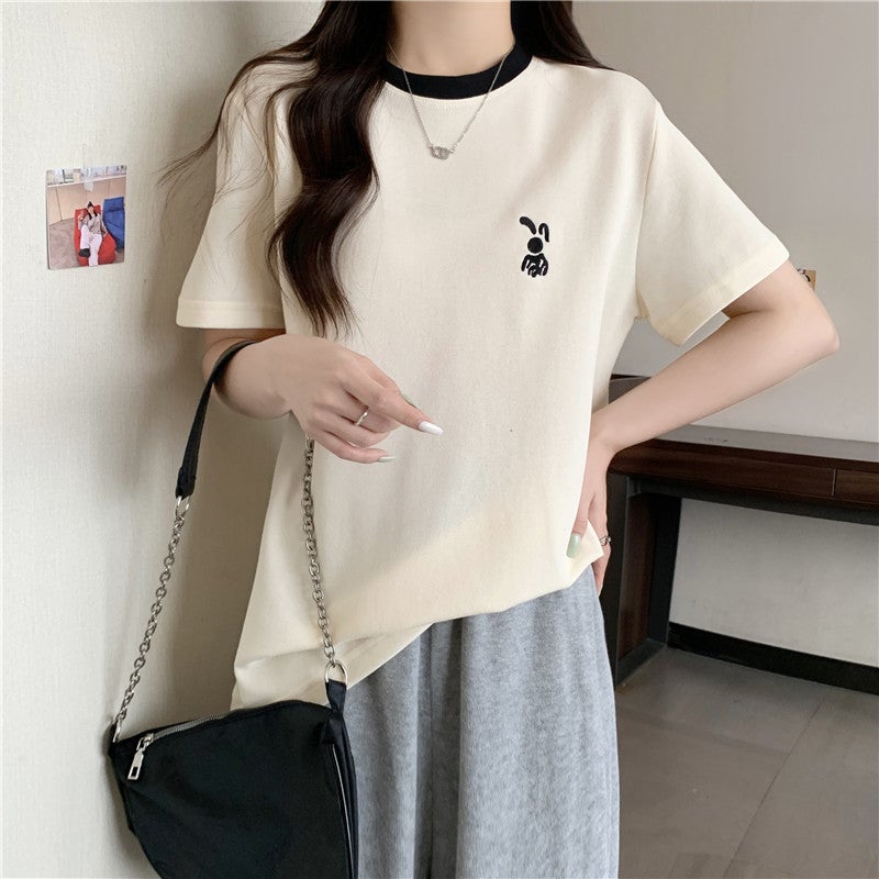 Cross-border Real Shot Short-sleeved T-shirt Womens Summer New Loose All-match Trendy Brand Embroidered Half-sleeved Top Black