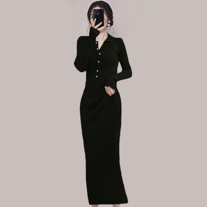 2023 autumn and winter European and American style slim knit dress French hot girl royal sister sweater tight sheath dress 6573 Black
