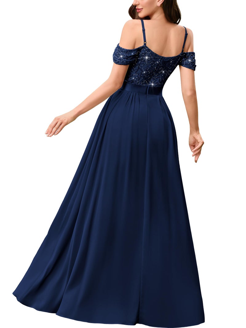 Miusol Women's Off Shoulder Elegant Sequined Split Spaghetti Straps Wedding Maxi Dress (Large, Navy Blue) - Image 2