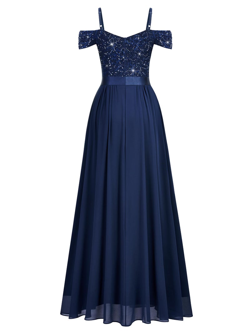 Miusol Women's Off Shoulder Elegant Sequined Split Spaghetti Straps Wedding Maxi Dress (Large, Navy Blue) - Image 5