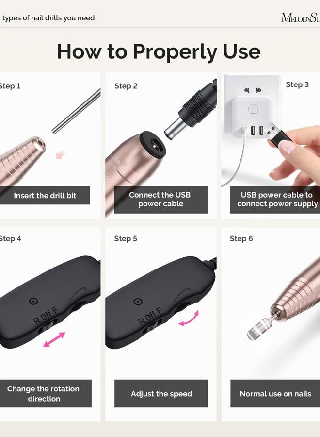 MelodySusie Electric Nail Drill Machine,PC120I Portable Electric Nail File Efile Set for Acrylic Gel Nails, Manicure Pedicure Tool with Nail Drill Bits Sanding Bands Gold - Image 5