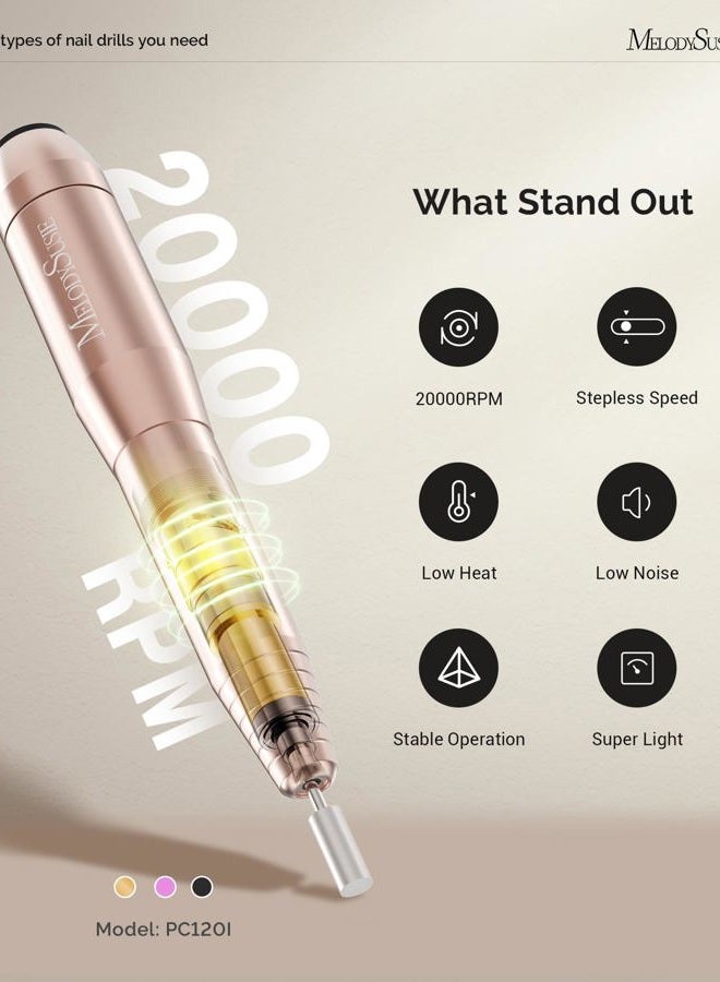 MelodySusie Electric Nail Drill Machine,PC120I Portable Electric Nail File Efile Set for Acrylic Gel Nails, Manicure Pedicure Tool with Nail Drill Bits Sanding Bands Gold - Image 4