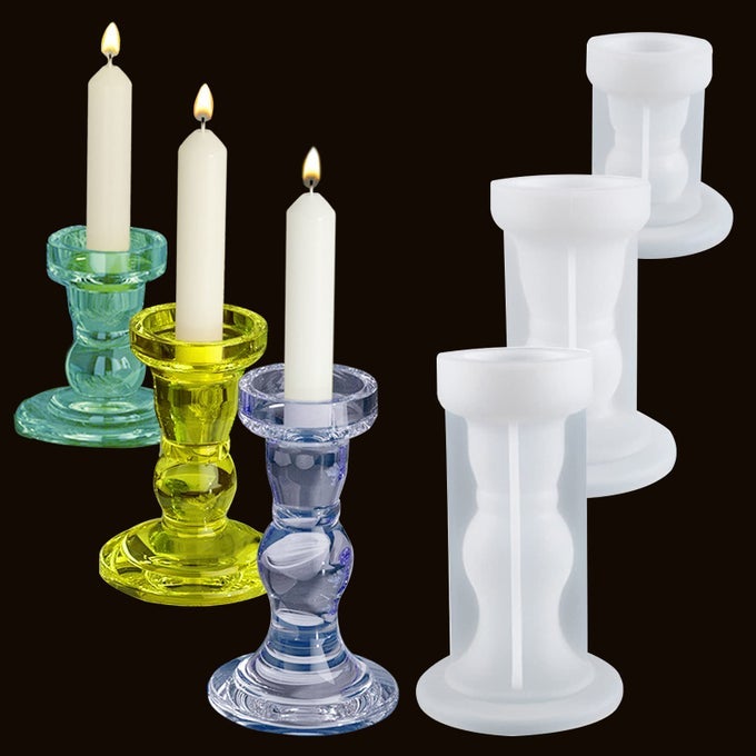 PILLAR CANDLE HOLDER RESIN MOLDS SET OF 3 CANDLESTICK SILICONE MOLDS FOR EPOXY RESIN CASTING DIY TEALIGHT VOTIVE TAPER CANDLE HOLDER FOR WEDDING PARTY DINNER TABLE CENTERPIECE HOME DECORATION