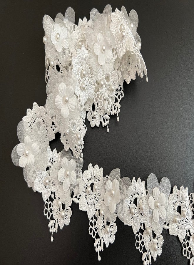 PEPPERLONELY 1 Yard White Pearl Rose Flower Embroidered Lace Trim Ribbon Wedding Applique DIY Sew On Supplies Craft Decoration 2 Inch Width, Ivory - Image 2
