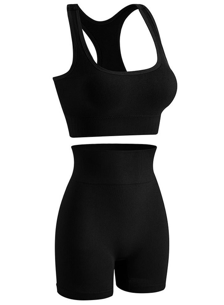Loquat Women's Solid Color Sport Fitness Lingerie Set 2-piece Seamless Wireless Wide Shoulders Bra Vest+High Waist Boxer Briefs Sport Suit Black 