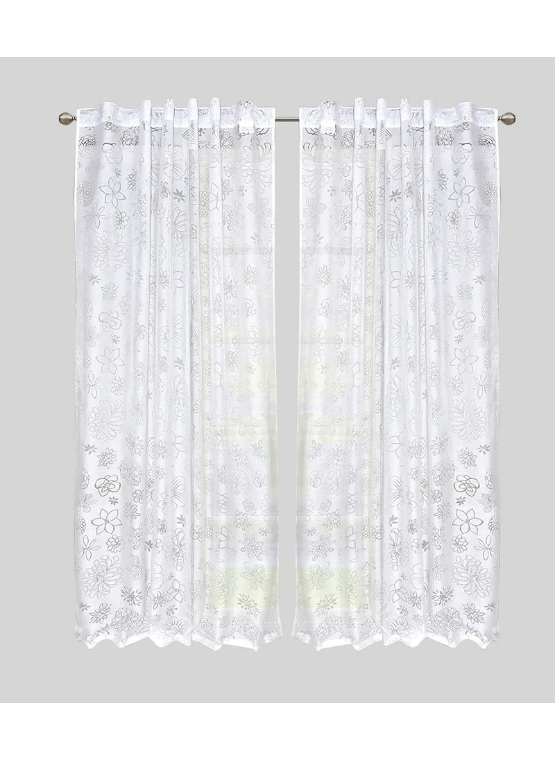 LINENWALAS LINENWALAS Floral Net Semi Transparent Door Curtains, Sheer Back Loops Hanging Style Curtains 8 Feet Long Set of 2, Net Fabric Curtains for Living Room, Bedroom, Kitchen (8 Feet, White Floral)  - Image 1
