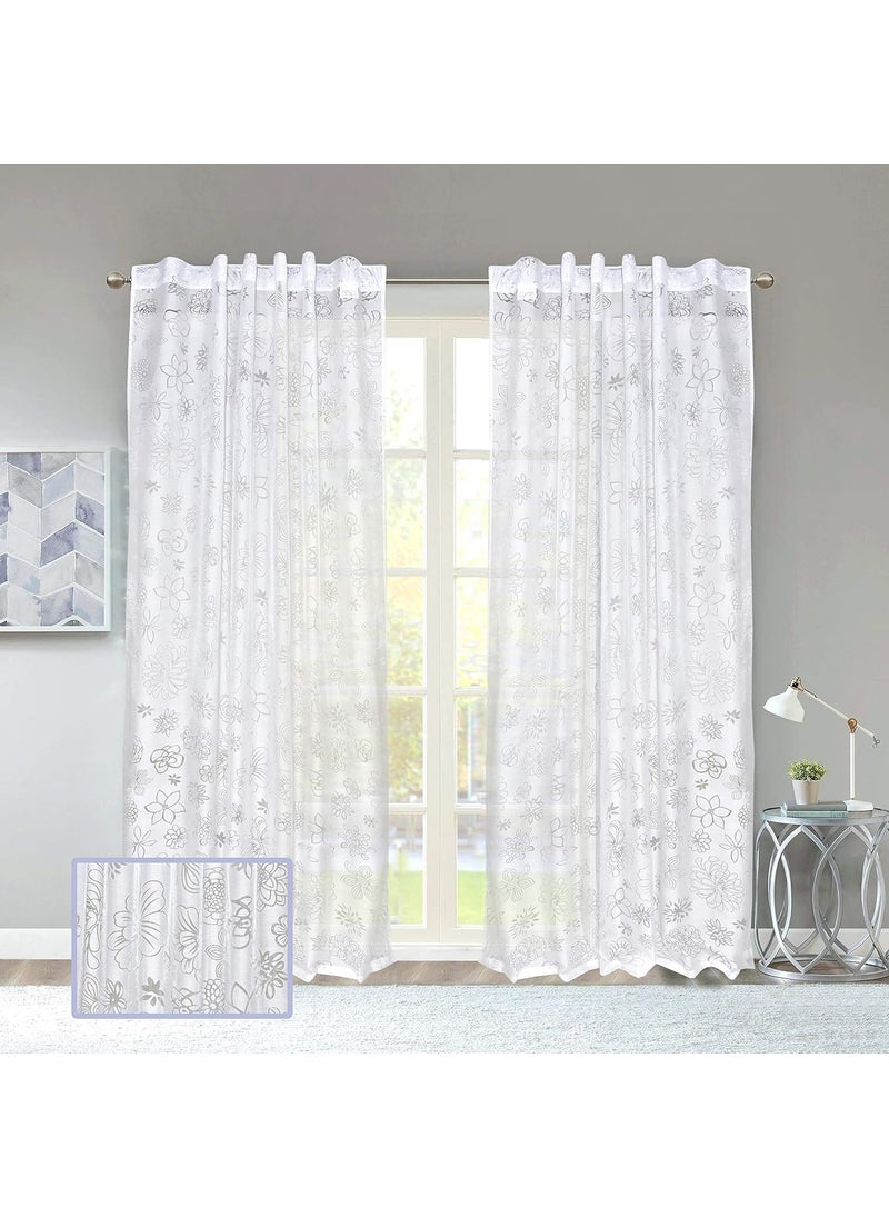 LINENWALAS LINENWALAS Floral Net Semi Transparent Door Curtains, Sheer Back Loops Hanging Style Curtains 8 Feet Long Set of 2, Net Fabric Curtains for Living Room, Bedroom, Kitchen (8 Feet, White Floral)  - Image 2