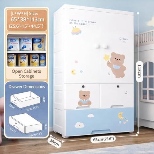 SNKR ESSENTIALS Kids Plastic Wardrobe with Drawers | Baby Cupboard for Clothes Storage | Cartoon Bear Design Children Almirah | Multi-Layer Kids Storage Cabinet for Bedroom & Nursery - Image 2
