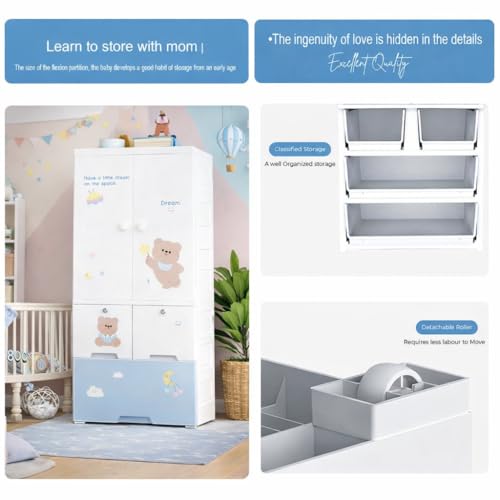 SNKR ESSENTIALS Kids Plastic Wardrobe with Drawers | Baby Cupboard for Clothes Storage | Cartoon Bear Design Children Almirah | Multi-Layer Kids Storage Cabinet for Bedroom & Nursery - Image 5