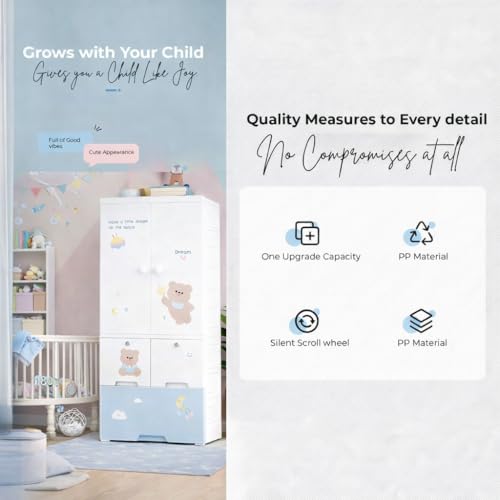 SNKR ESSENTIALS Kids Plastic Wardrobe with Drawers | Baby Cupboard for Clothes Storage | Cartoon Bear Design Children Almirah | Multi-Layer Kids Storage Cabinet for Bedroom & Nursery - Image 3
