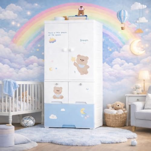 SNKR ESSENTIALS Kids Plastic Wardrobe with Drawers | Baby Cupboard for Clothes Storage | Cartoon Bear Design Children Almirah | Multi-Layer Kids Storage Cabinet for Bedroom & Nursery - Image 1