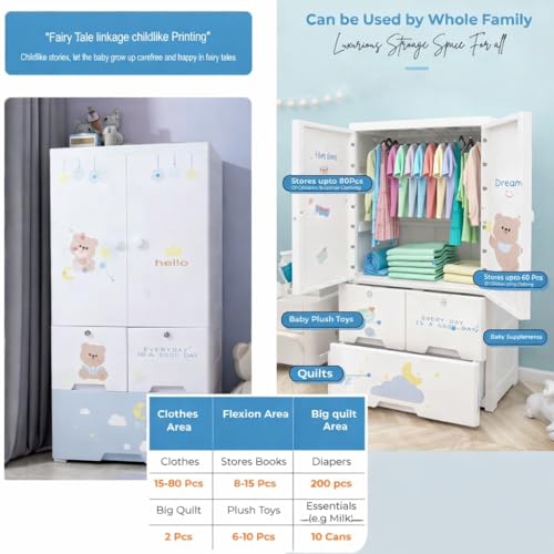 SNKR ESSENTIALS Kids Plastic Wardrobe with Drawers | Baby Cupboard for Clothes Storage | Cartoon Bear Design Children Almirah | Multi-Layer Kids Storage Cabinet for Bedroom & Nursery - Image 4