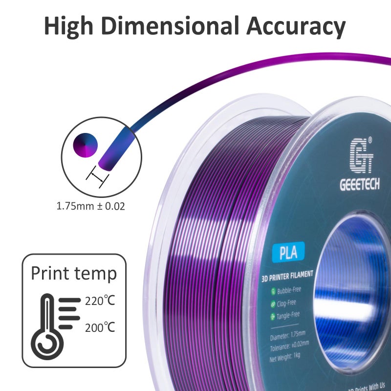 Geeetech Silk PLA Tri Color Filament 1.75mm 3D Printer Filament, Coextrusion Blue Purple Black Tri-Colors Metal-Like Shiny Silk PLA Filament, 1kg (2.2lbs) 1 Spool, Dimensional Accuracy +/- 0.02 mm - Image 4
