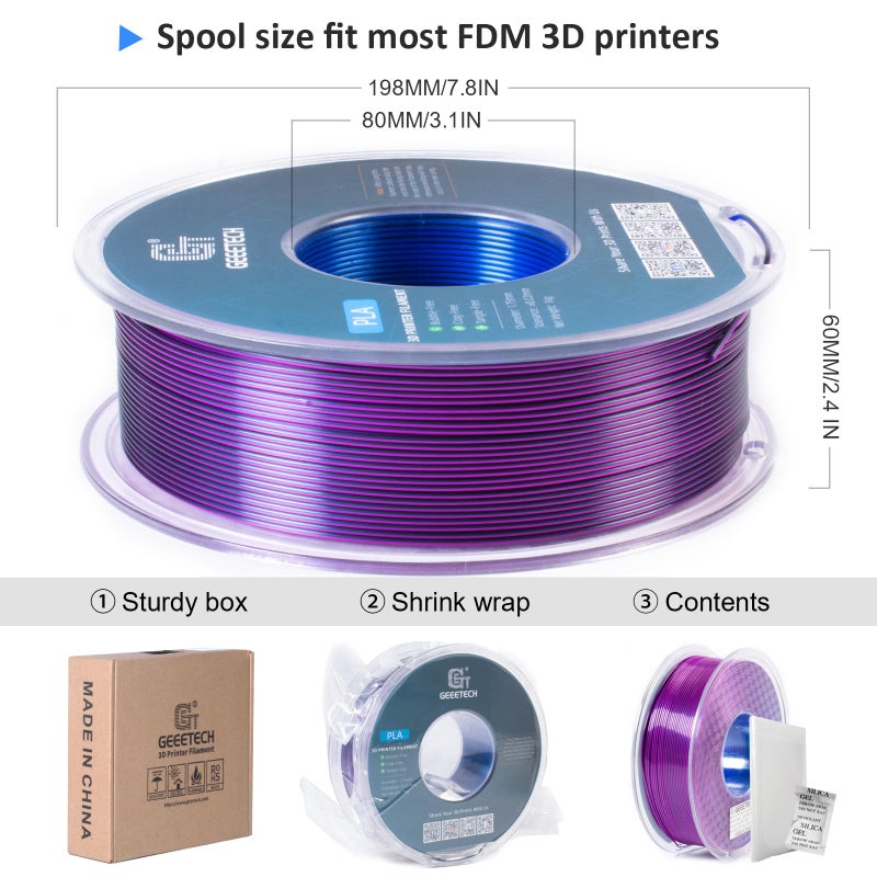 Geeetech Silk PLA Tri Color Filament 1.75mm 3D Printer Filament, Coextrusion Blue Purple Black Tri-Colors Metal-Like Shiny Silk PLA Filament, 1kg (2.2lbs) 1 Spool, Dimensional Accuracy +/- 0.02 mm - Image 5